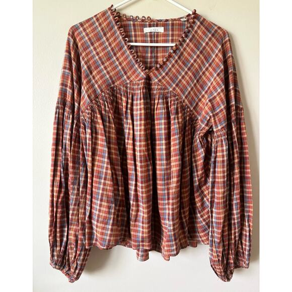 DOEN Thistle Blouse in Blue Autumn Plaid Print Boho M - Picture 5 of 12